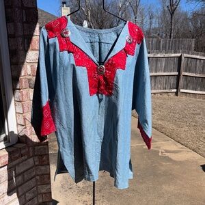 Vintage Embroidered Denim Tunic Conchos & Bandana Trim